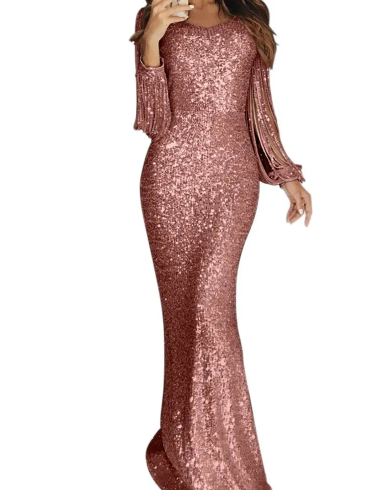 Fashion Tassel Sequins Dress For Women Elegant Long Sleeve O Neck High Waist Package Hip Dresses Robe Femme Formal Evening Party - JN Fashion Fusion