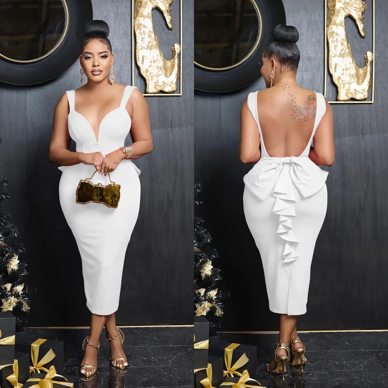 Elegant V-Neck Backless Midi Dress for Women 2025 Spring Sleeveless Bow Sexy Party Birthday Bodycon Dresses Vestidos - JN Fashion Fusion