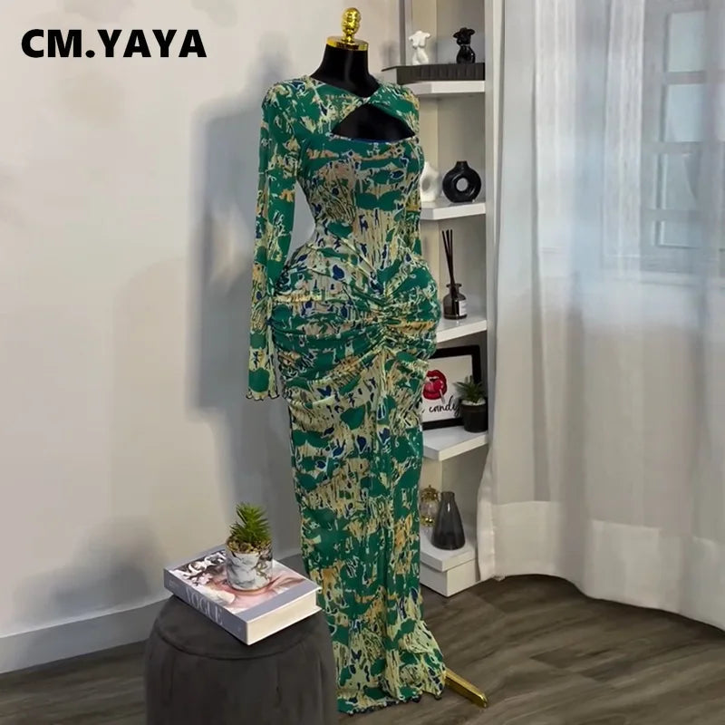 CM.YAYA Women Draped V-neck Cutout Front Ruched Stacked Bodycon Midi Long Maxi Dress 2025 Night Club Party Vestidos Sexy Dresses - JN Fashion Fusion