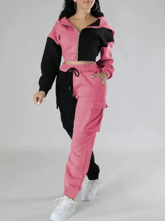 Women Loose Autumn Winter Two Pieces Suit Matching Sets Hoodie Tracksuit Blocked Zipper Short Outerwear Drawstring Cargo Pants - JN Fashion Fusion