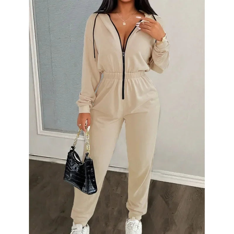 2024 Autumn/Winter Casual Drawstring Hooded Jumpsuit Women's Fashionable Cross-border Style Overalls Wholesale