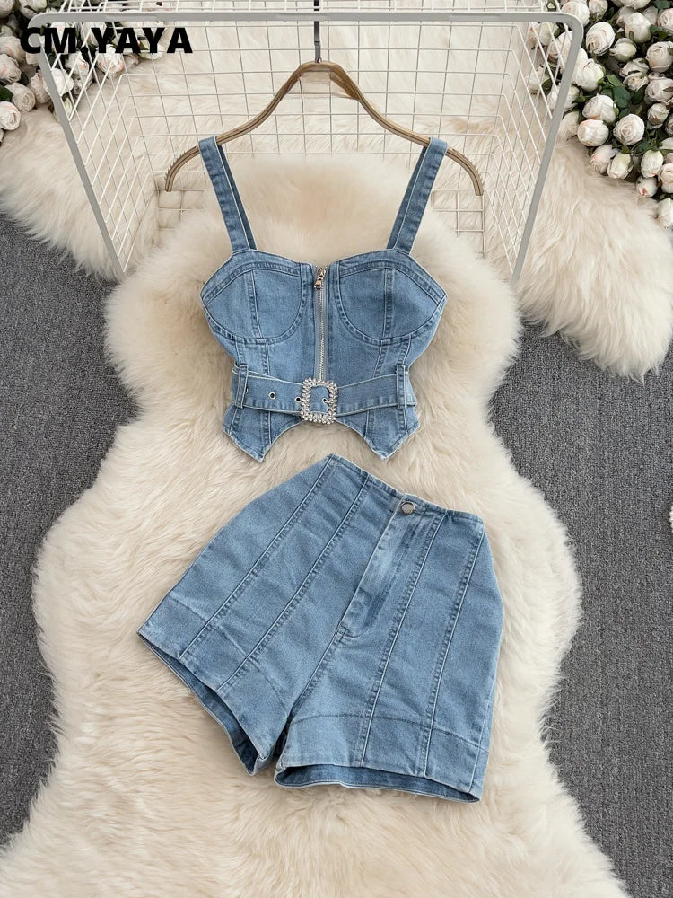 CM.YAYA Women Set Denim Strapless Belt Top +Mini shorts Sets Street Casual Two 2 Piece Set Sexy Party Outfit 2024 Summer - JN Fashion Fusion