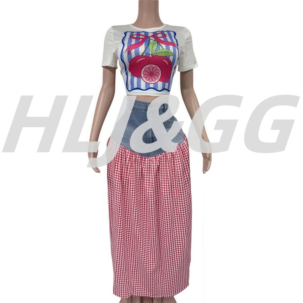 HLJ Y2K Streetwear Fashion Baddie 2 Piece Sets Outfits Hot Girl Short Sleeve T-shirt and Denim Patchwork Plaid Skirt Matching - JN Fashion Fusion