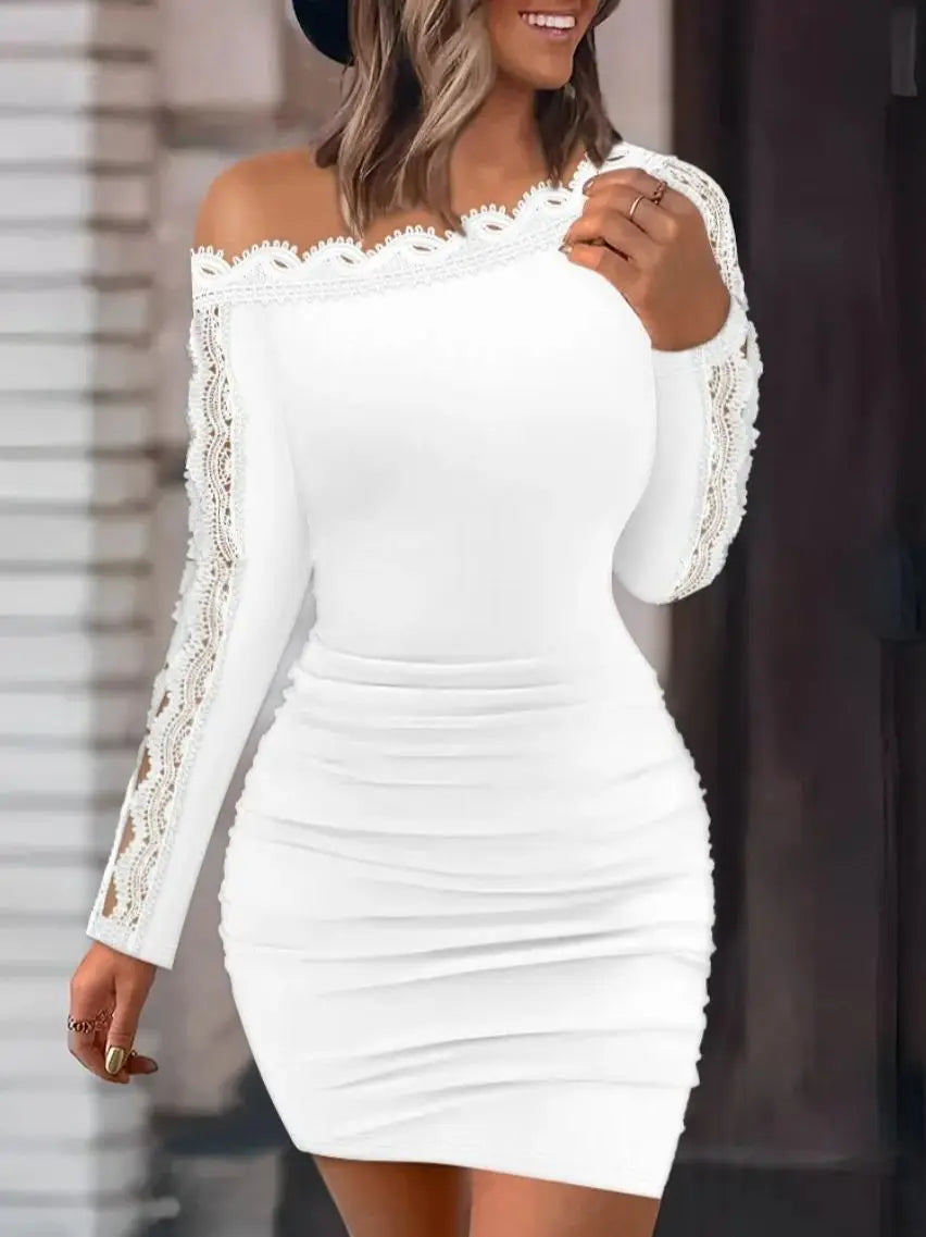 Autumn and Winter New Solid Lace Splice One line Neck Tight Wrap Hip Sexy Long Sleeve Dress for Women - JN Fashion Fusion
