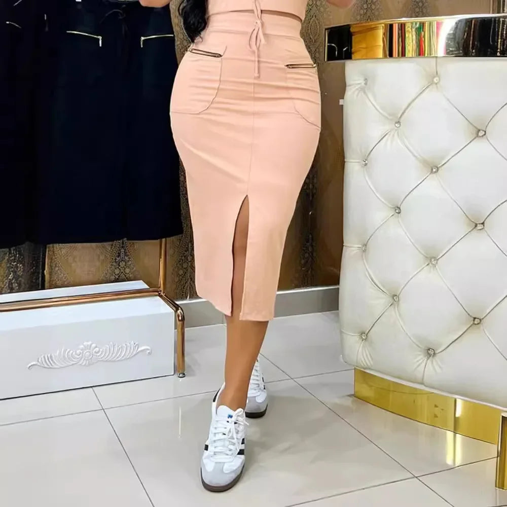 2pcs Sets Outfits Skinny Skirts Short Sleeve Tshirt Top Women Dress Sets Metal Zipper Top Suit Strap Front Slit Skirt - JN Fashion Fusion