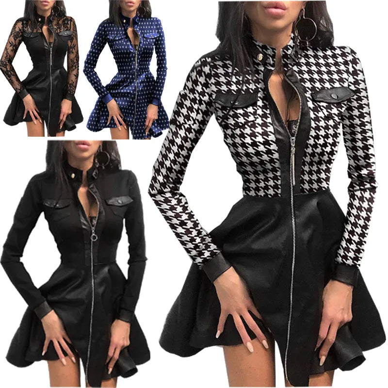 Faionable PU Leather Splice Waist in And Autumn Winter Ele Dr Long Sve Zipper Closure Midi Skirt Sle Women Dr