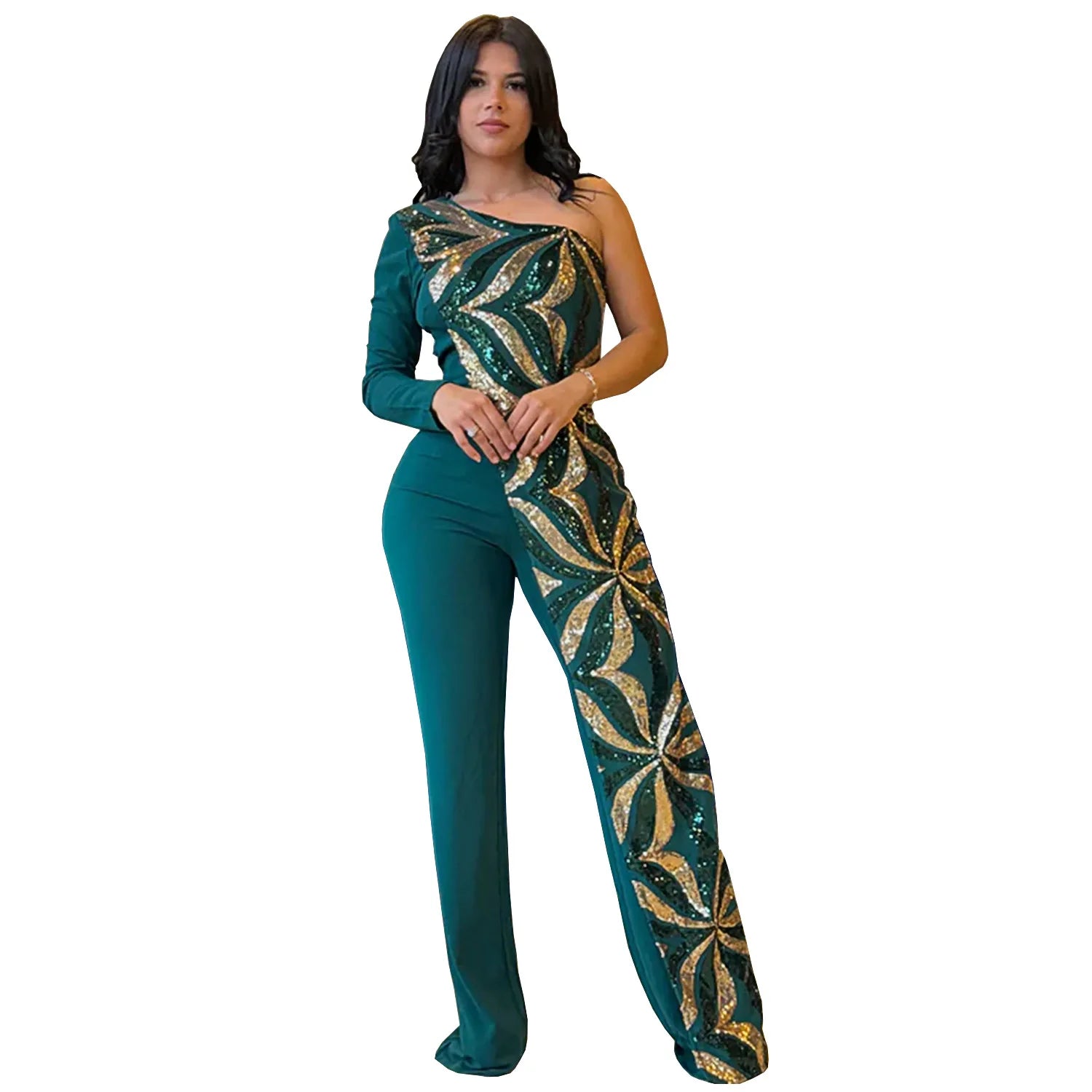 Women One Long Sleeve Strapless Sequined Wide Leg Jumpsuits 2025 Summer Evening Party One Piece Set Romper Playsuit - JN Fashion Fusion