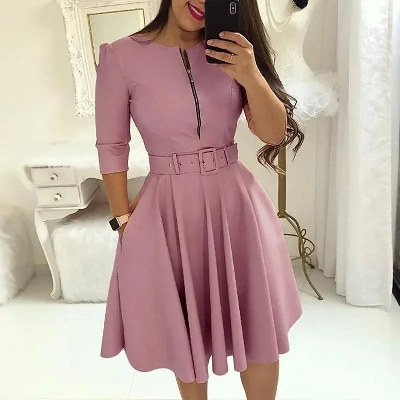 Fashion Women Patchwork A-line Dresses Autumn/Winter Round Neck Printed Belt Party Dress Elegant Office Lady Zipper Dress - JN Fashion Fusion