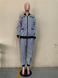 Elegant women's 2-piece coat set by JN Fashion Fusion featuring geometric print long sleeve V coat and matching long pants.