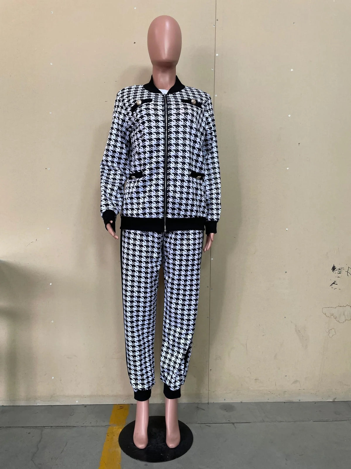 Elegant women's 2-piece coat set by JN Fashion Fusion featuring geometric print long sleeve V coat and matching long pants.