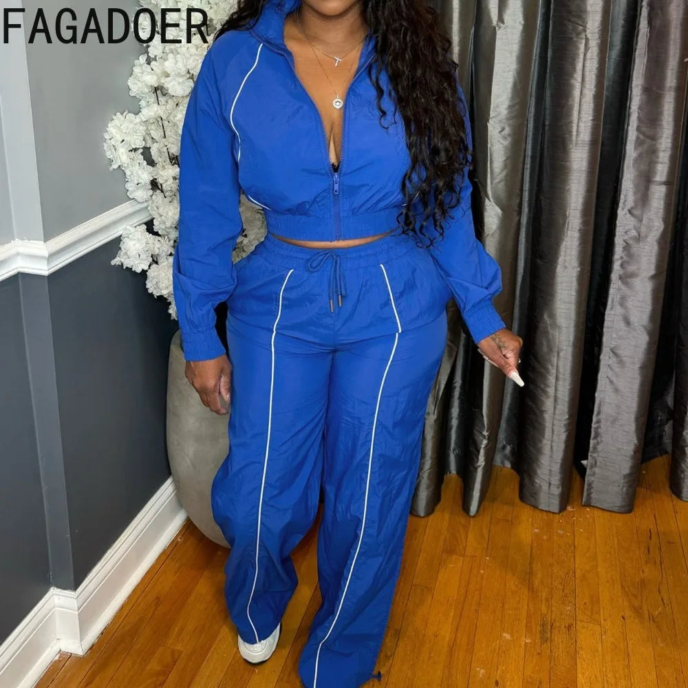 FAGADOER Casual Sports 2 Pieces Set for Woman Outfits Long Sleeve Stripe Patchwork Crop Jacket and Pants Female Streetwear New - JN Fashion Fusion