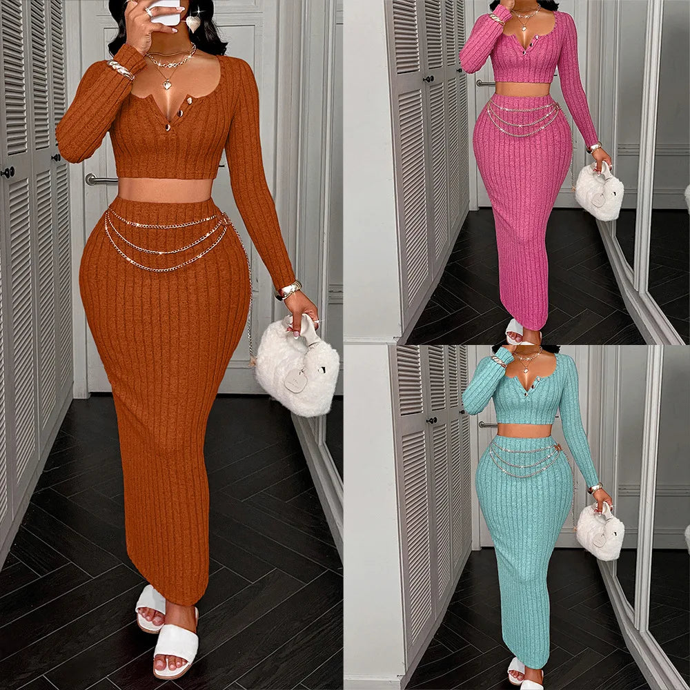 Two Piece Sets Women Skirt Set Full Sleeve Dress Sets Sexy U Neck Bodycon Short Tops Long Skirts Elegant Splice High Waist - JN Fashion Fusion