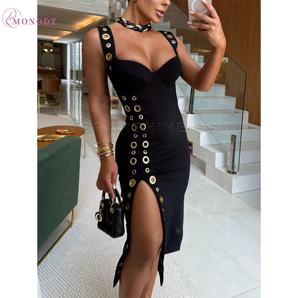 Elegant V-neck Dress Summer Sexy Straps Sleeveless Split Bodycon Dress Fashion Party Club Dresses for Women - JN Fashion Fusion