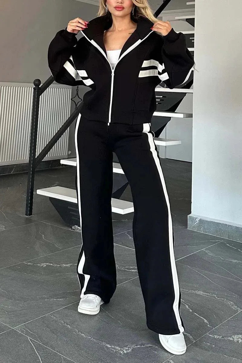 Ladies stripe tracksuit 2-piece set by JN Fashion Fusion, zip-up crop jacket and high-waist wide-leg sweatpants for streetwear style