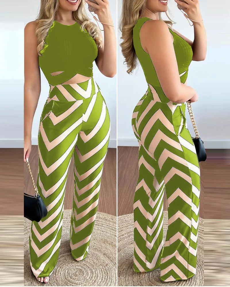 Spring Summer New Sleeveless Short Top Women's Suit Fashion Printed Trousers Slim Slim Simple Elegant Female Office 2 Piece Set - JN Fashion Fusion