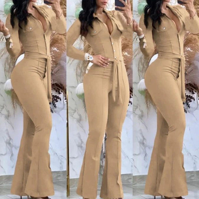 Jumpsuit Women 2023 Autumn Fashion Button Casual Turn-Down Collar Long Sleeve Skinny Bootcut Jumpsuit with Belt Y2K Streetwear - JN Fashion Fusion