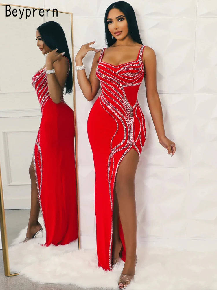 Beyprern Women's Rhinestones Décor Leg Slit Maxi Dress Glam Sleeveless Diamonds Slim Party Club Dress Birthday Outfits Vestidos - JN Fashion Fusion