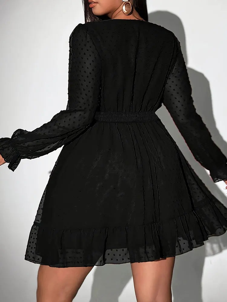 New Sexy V-Neck Short Dress Plus Size Solid Polka Dot Long-Sleeve American Slim A-Line Skirt Elegant Party Women's Evening Dress - JN Fashion Fusion