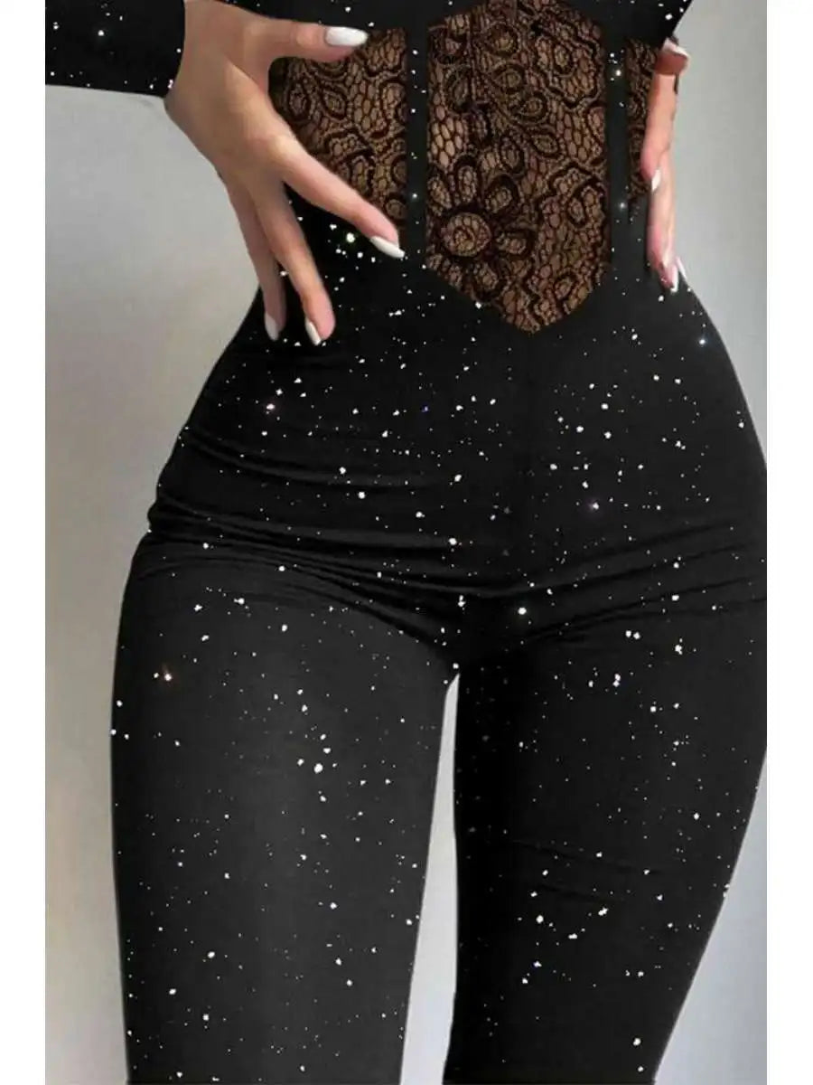 Fashionable Lace Hollow out One-Piece Pants Glittering Knitted Fabric Strap One-Piece Pants mid Waist Nine Points Pants