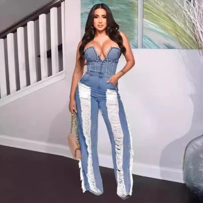 Jumpsuits Women One Piece Strapless Denim Overalls Hole Long Pants Mom Jeans Sexy High Waist Rompers Y2k Streetwear Party