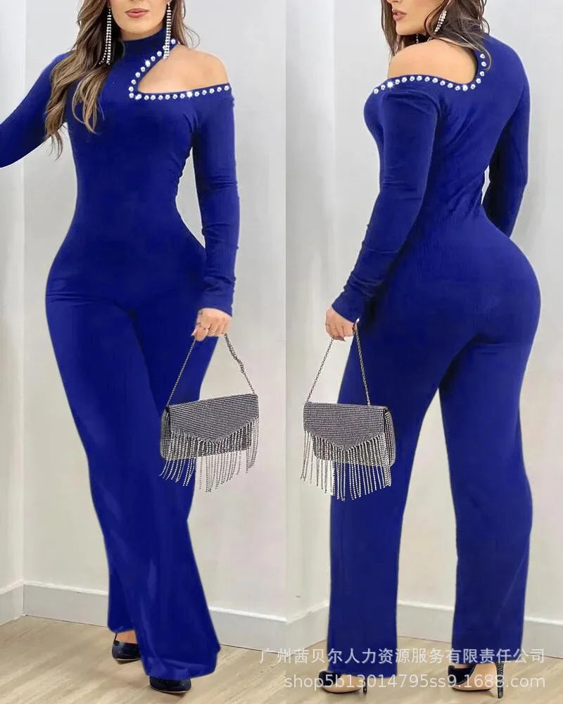 Women New Rhinestone Cold Shoulder High Neck Jumpsuit Long Sleeve Slim Fit Flared Jumpsuit - JN Fashion Fusion