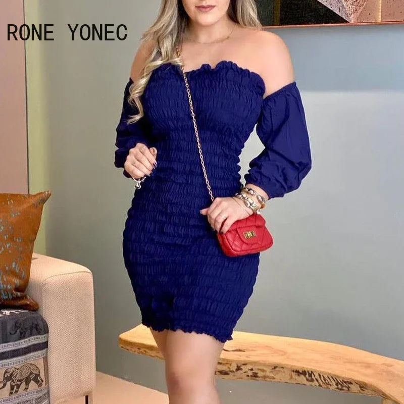 Women Casual Solid Off  Shoulder waistband Lantern sleeves  Folds All over Print Mini Dress - JN Fashion Fusion