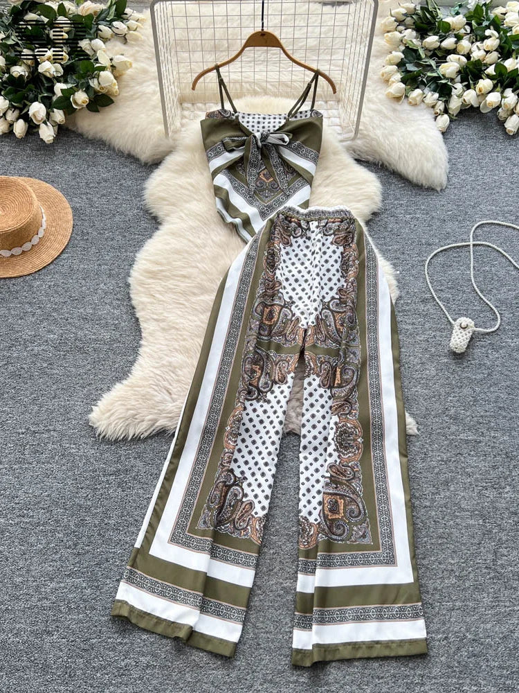SINGREINY Sexy Print Vintage 2pcs Sets Women Sleeveless Strapless Tops+Wide Leg Pants Summer Ethnic Style Backless Outdoor Suit - JN Fashion Fusion