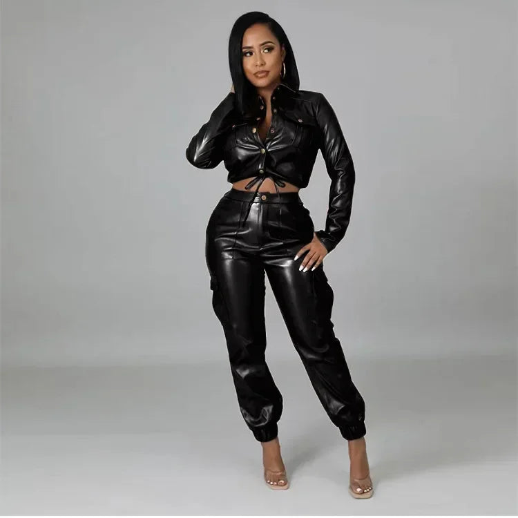 Women’s two-piece pants set with long sleeve cardigan and slim fit pencil pants, featuring pockets and zipper fly from JN Fashion Fusion.