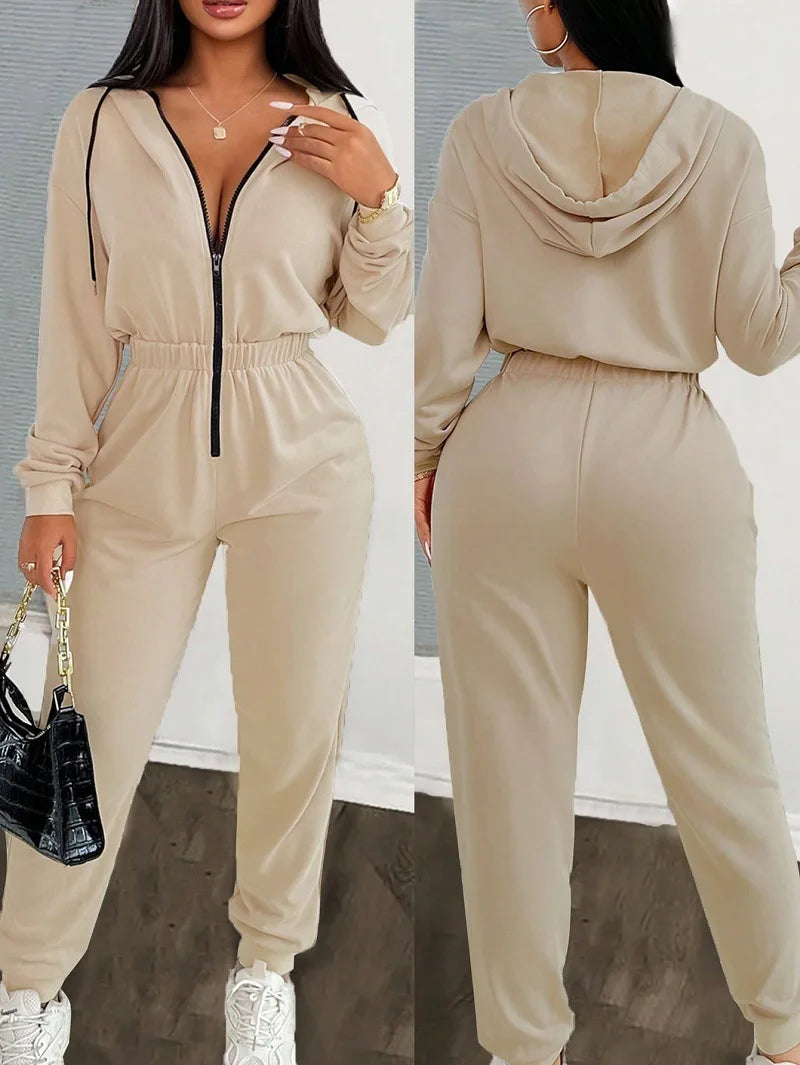 2026 Autumn And Winter New Women's Fashion Solid Color Drawstring Zipper Hooded Jumpsuit Casual Matching