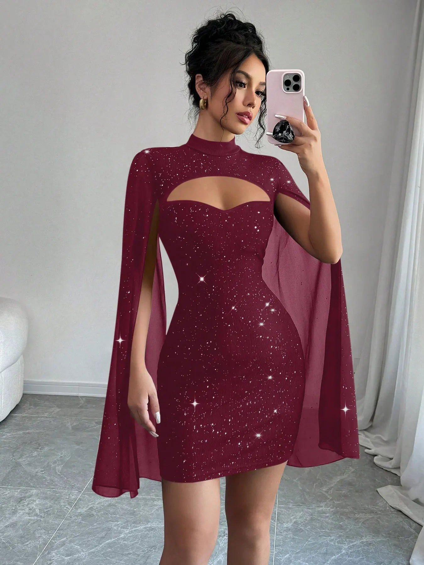 Sexy Women's Stand Collar Cape Mini Dress Sequins Sparkling Club Party Night Out Fitted Bodycon Elegant Autumn Winter - JN Fashion Fusion