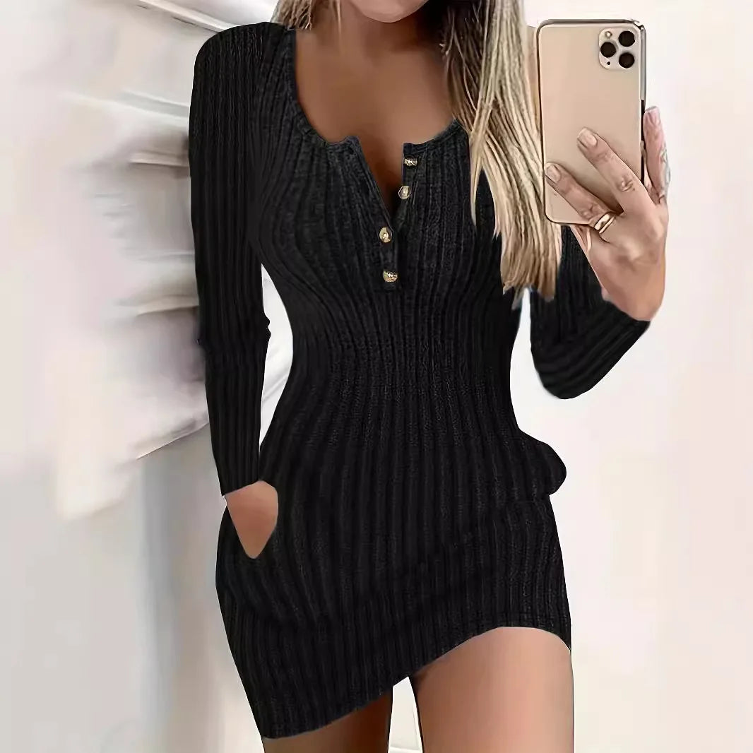 Fashion Long Sleeve Buttons Bodycon Dress Women Autumn Winter Knitted Ribbed Slim Sweater Sexy Mini Dresses For Women Robe Femme - JN Fashion Fusion
