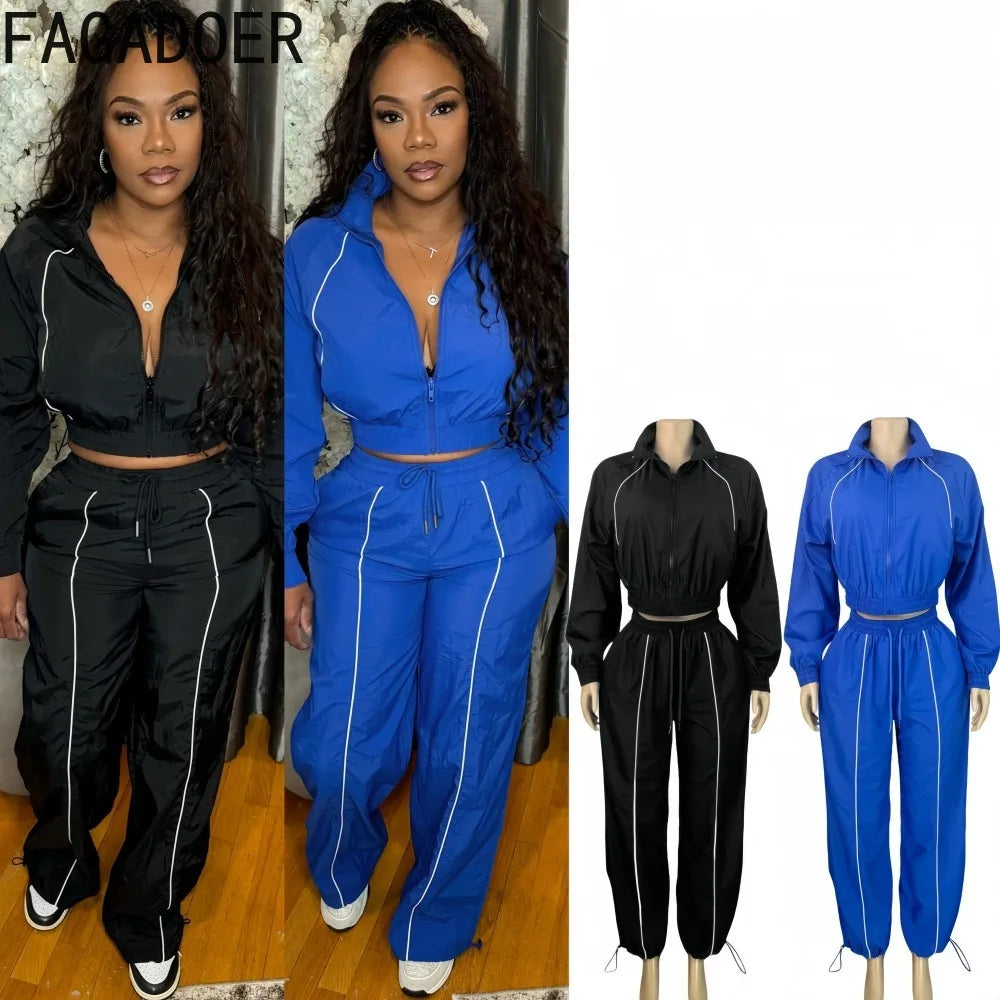 FAGADOER Casual Sports 2 Pieces Set for Woman Outfits Long Sleeve Stripe Patchwork Crop Jacket and Pants Female Streetwear New