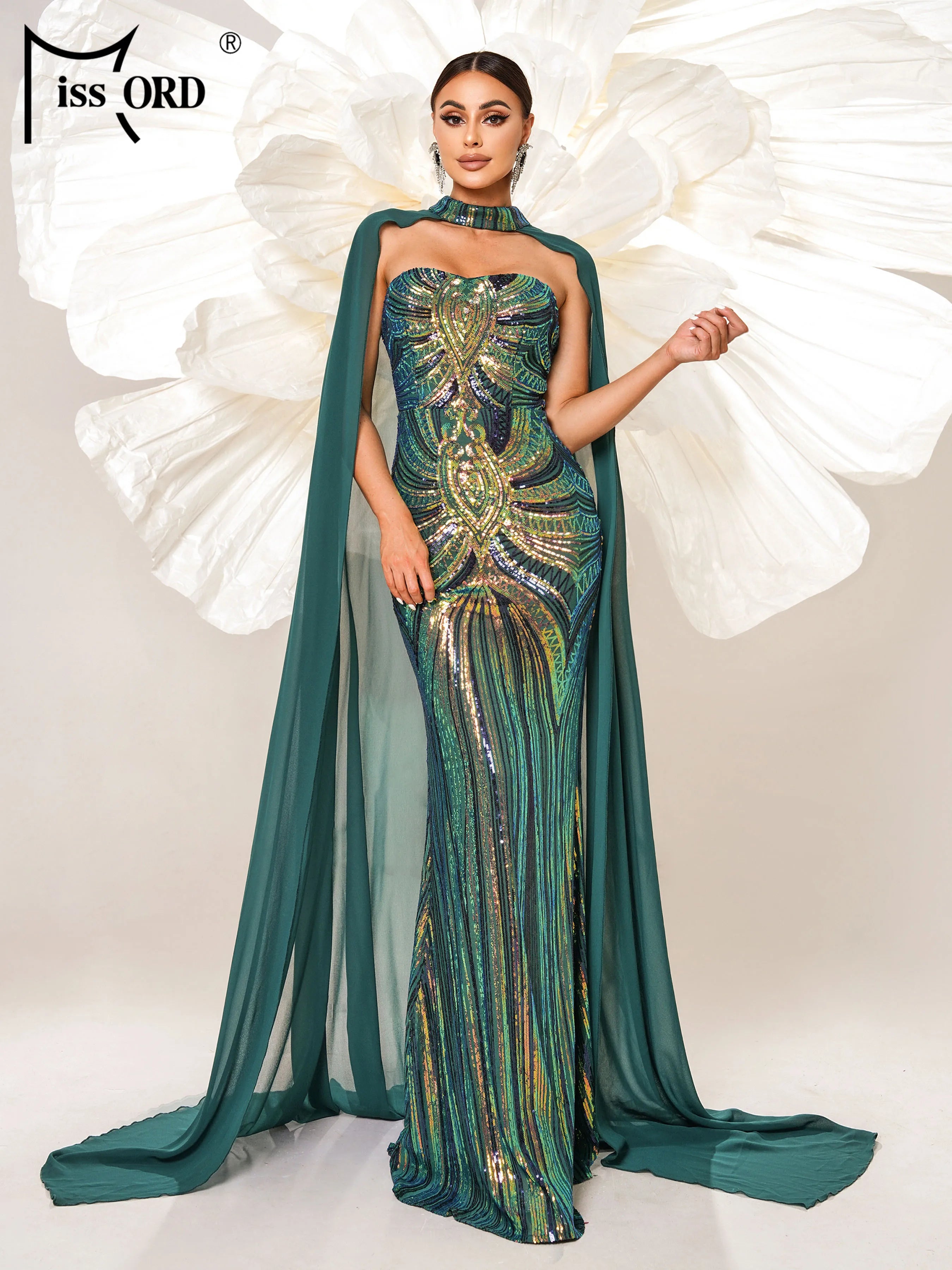 Missord Green Elegant Shawl Floor Length Dress Sequin Mermaid Evening Formal Occasion Wedding Birthday Party Cocktail Dress