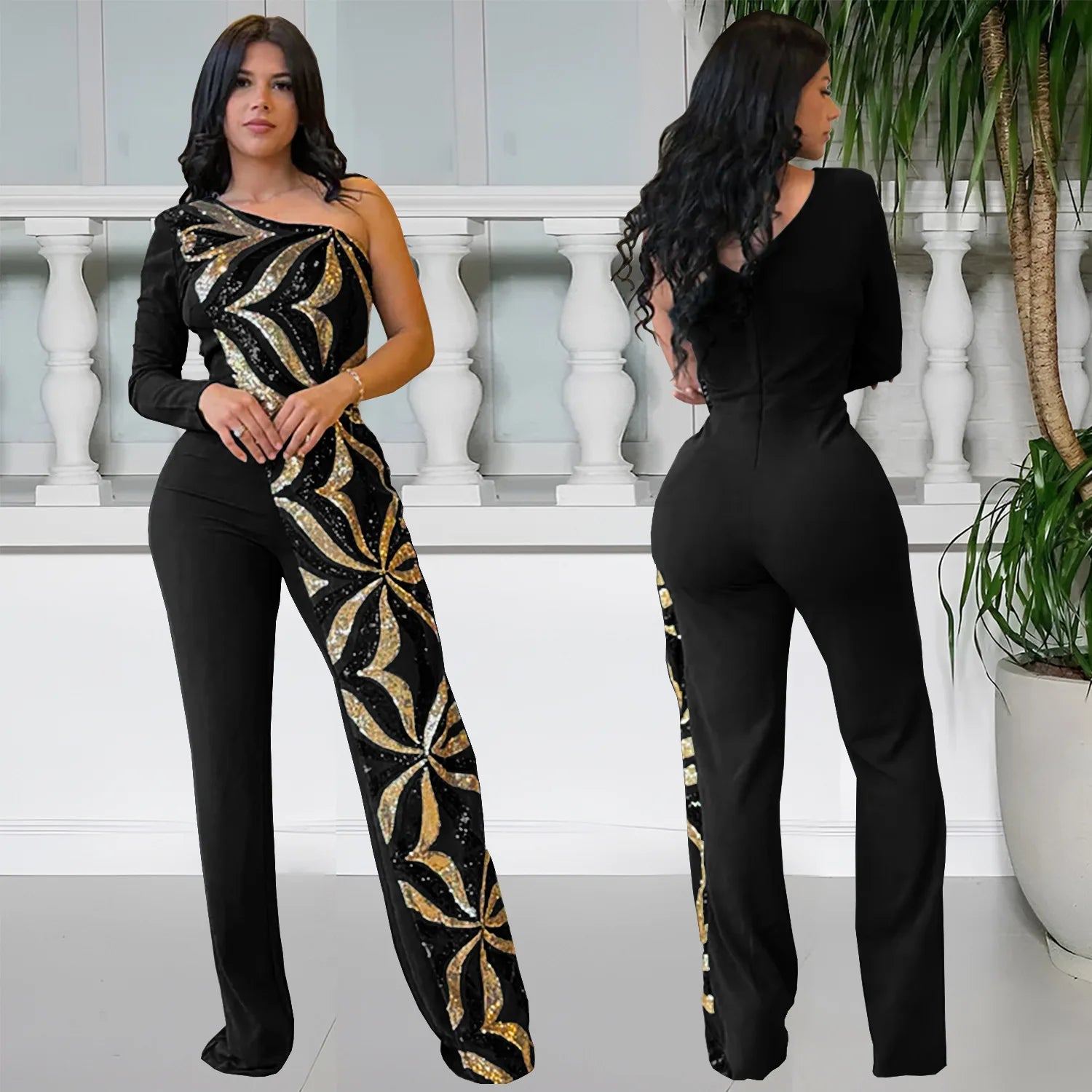 Women One Long Sleeve Strapless Sequined Wide Leg Jumpsuits 2025 Summer Evening Party One Piece Set Romper Playsuit - JN Fashion Fusion