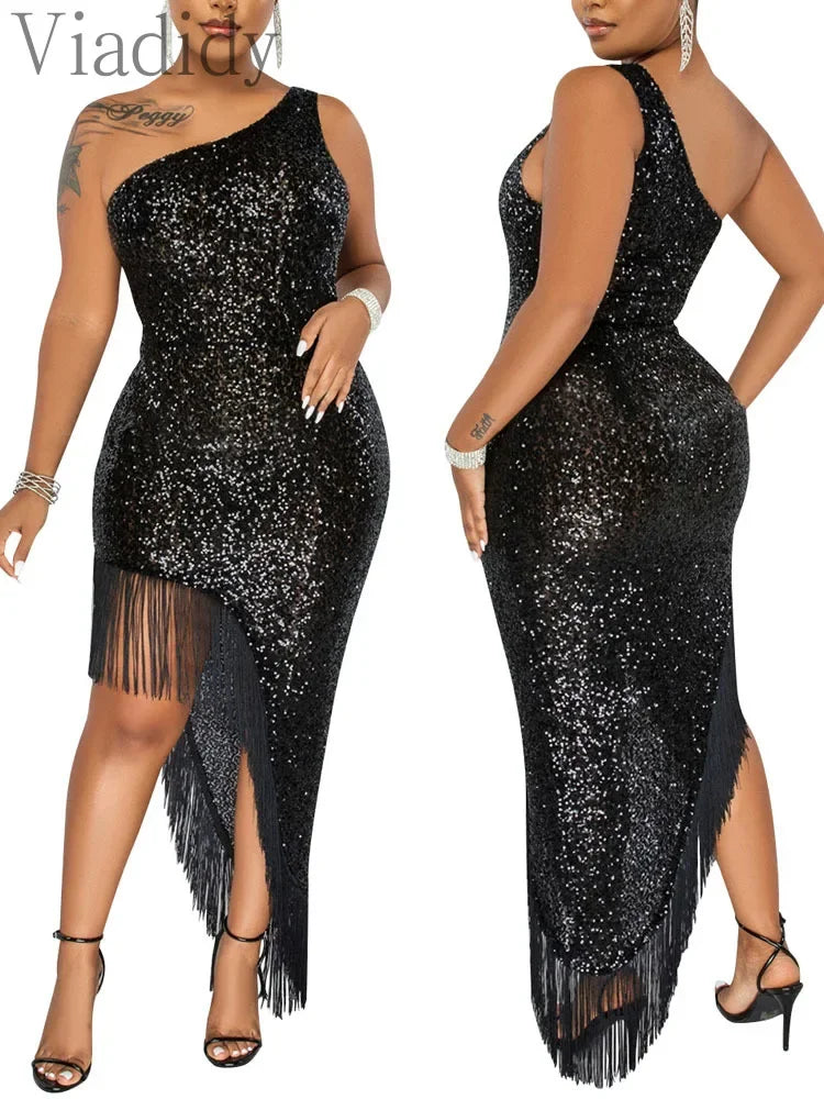 Women Sexy One Shoulder Sleeveless Sequined Irregular Tassels Hem Slim Party Dress
