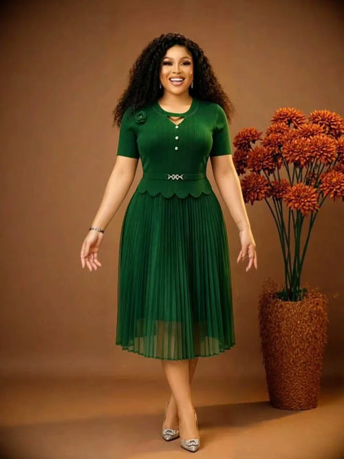 JN Fashion Fusion women's pleated slim dress with crew neck, splicing design, suitable for summer 2026, in medium and long lengths.