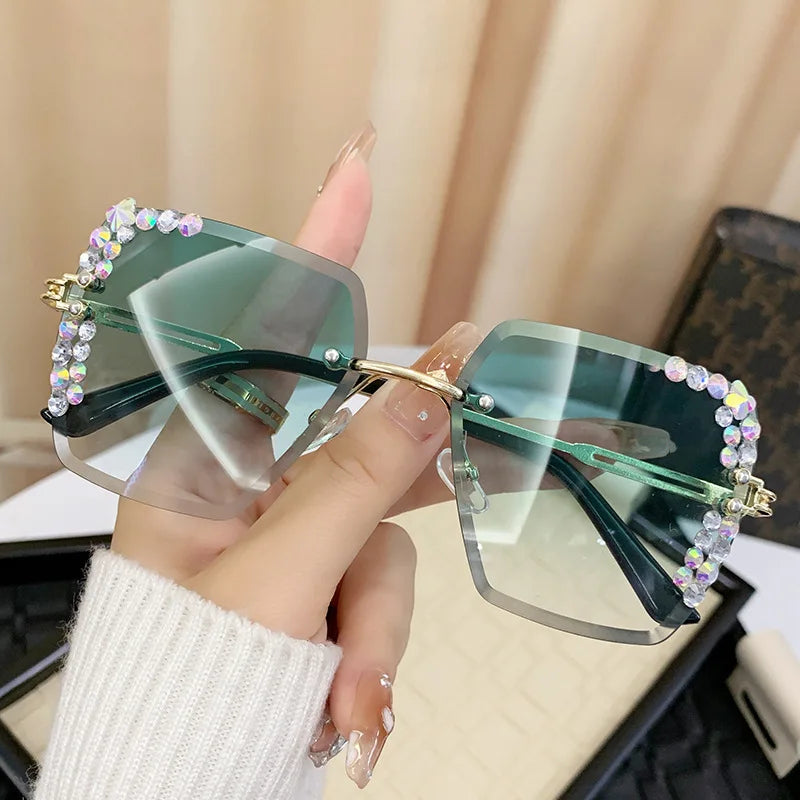 1 pair of fashionable women's square frameless gradient lens glasses with crystal decoration and metal material - JN Fashion Fusion