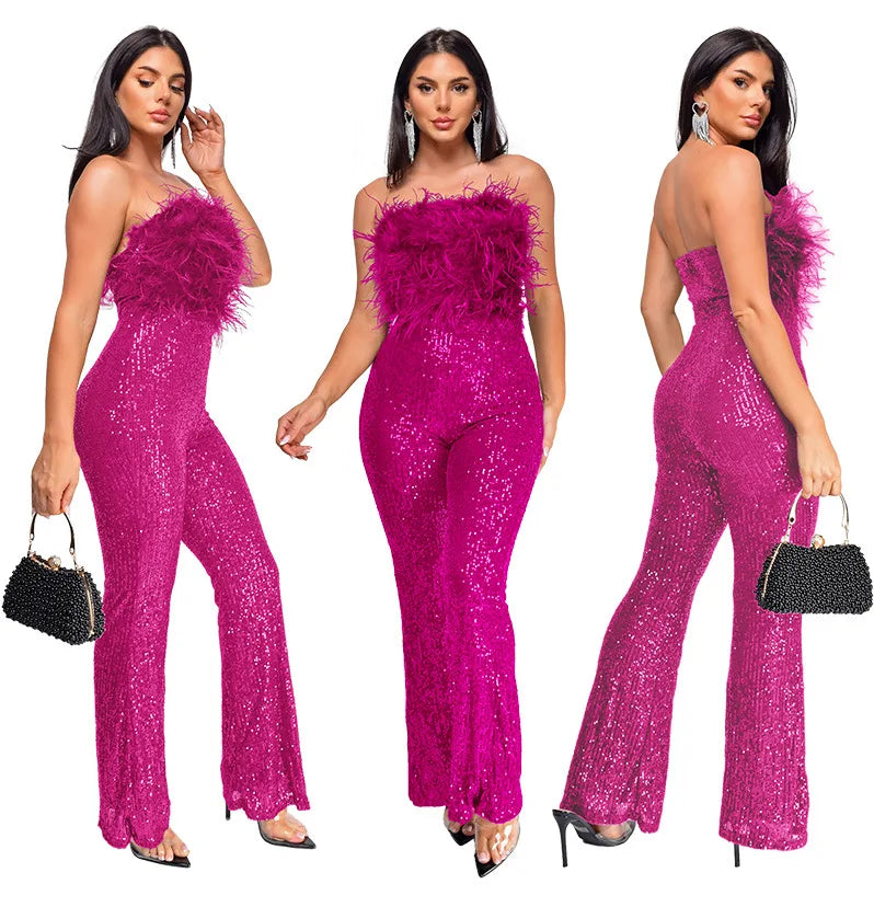 Sliver Bling Bling Sequined Club Jumpsuit Women Strapless Elegant Sparky Gold Sequins Party Romper Overalls