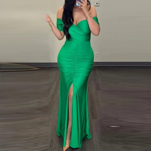 2026 Spring Summer New Women's Clothing Solid Color V-neck Waist Slit Pleated Dress