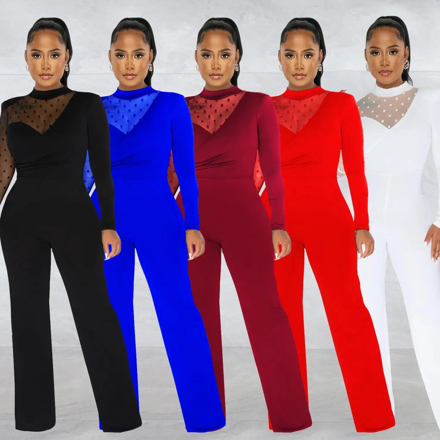 Ele Polka Dot Me Long Sve Jumpsuit Women's Straight Leg Casual Pants l Waist Comfortable Fit Summer Outfit