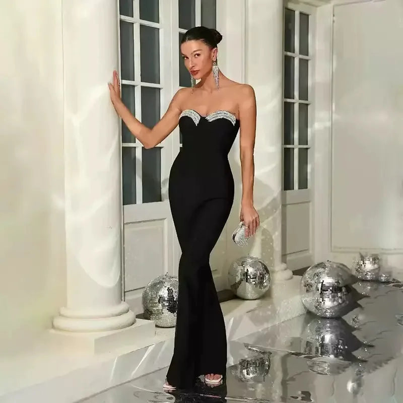 Fashion Celebrate Sequin Beads Women Sexy Strapless Bodycon Bandage Jumpsuit Runway Nightclub Party Luxury Birthday Outfits
