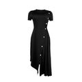 Elegant Round-Neck Button-Decorated Pleated Dress Irregular Slit Hem Commuting Dress 2026 Style for Women