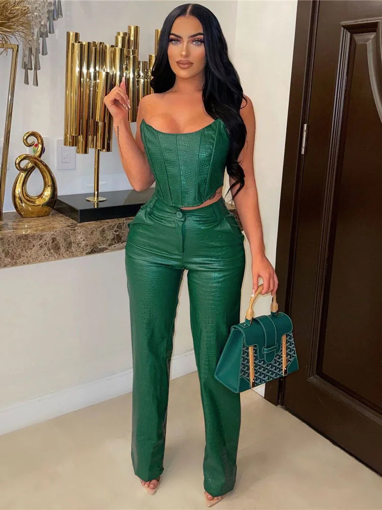 HBLL Women's Green Corset Cut-Out Cargo Sexy Sleeveless Jumpsuits PU Leather Matching Set Sexy Clubwear 2 Piece Outfits