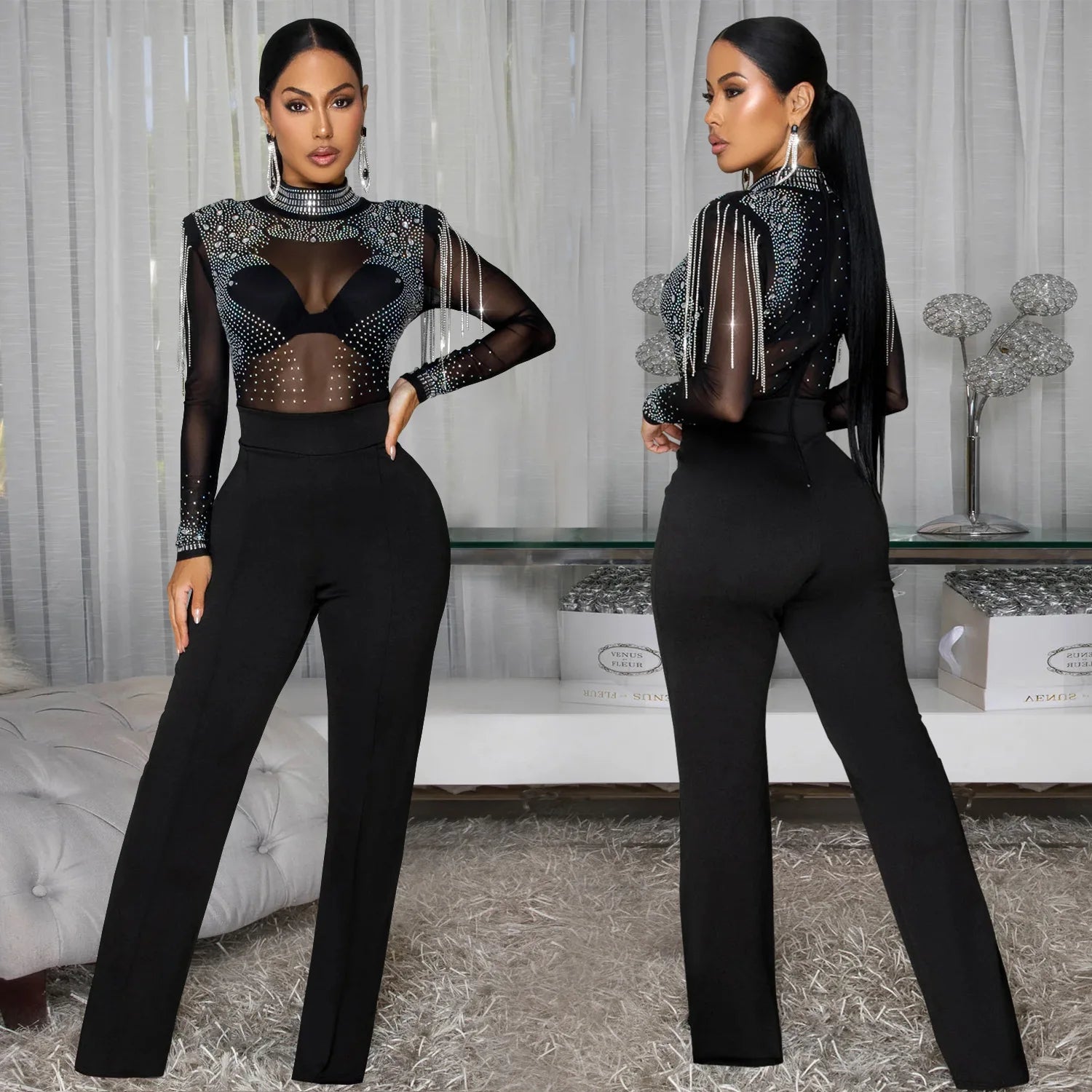 See Through Mesh Rhinestone Club Jumpsuit Sexy Women O-neck Elegant Shiny Tassel Diamonds Straight Romper Overalls - JN Fashion Fusion