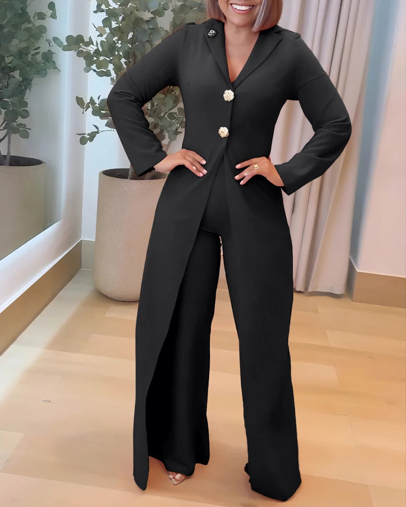 Casual Long Sleeve Jumpsuit Notched Collar Button Front Cinched Waist Wide Leg Faux Two-Piece Design