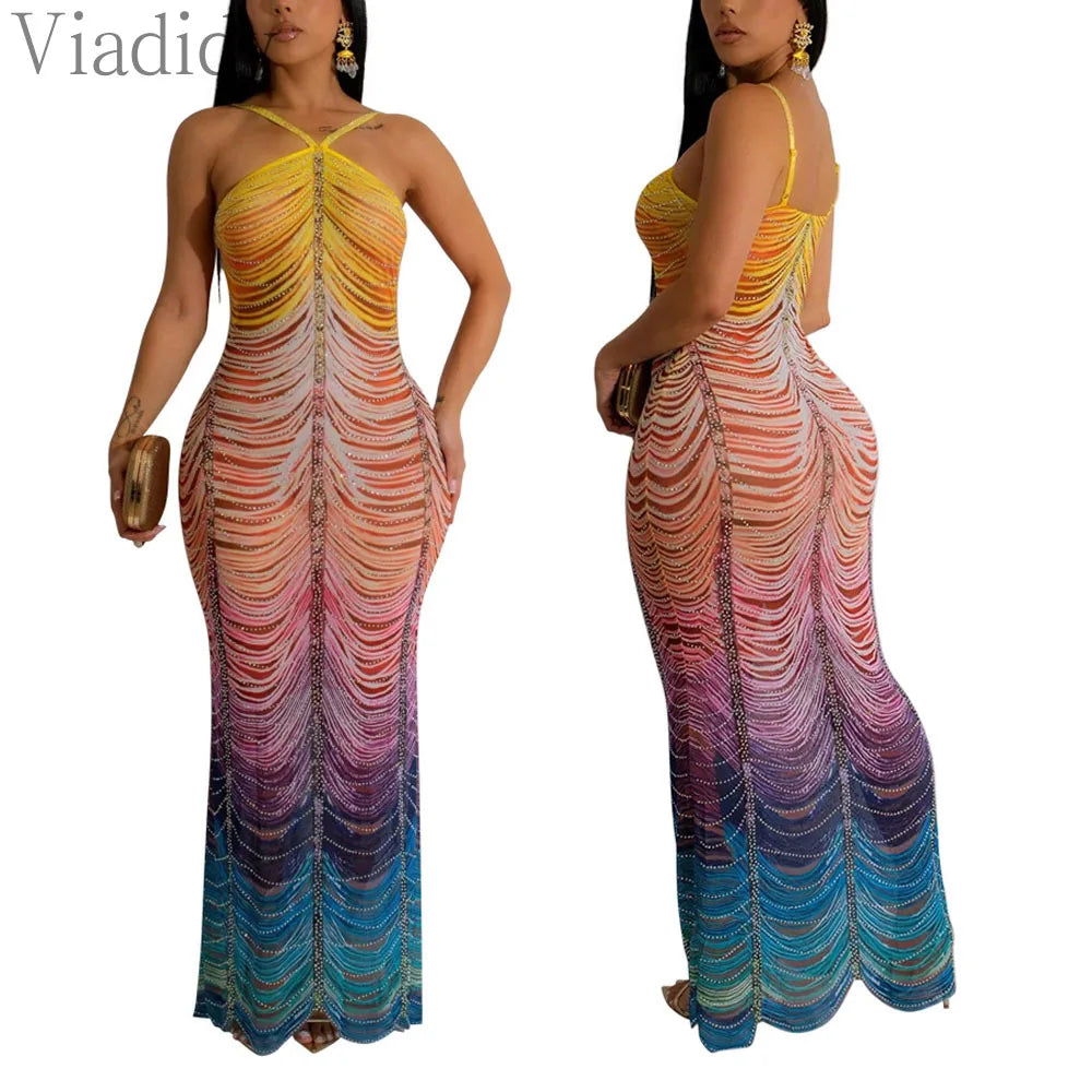 Women Sexy Print Sheer Mesh Sleeveless Spaghetti Strap Rhinestone Decor Floor-length Dress - JN Fashion Fusion