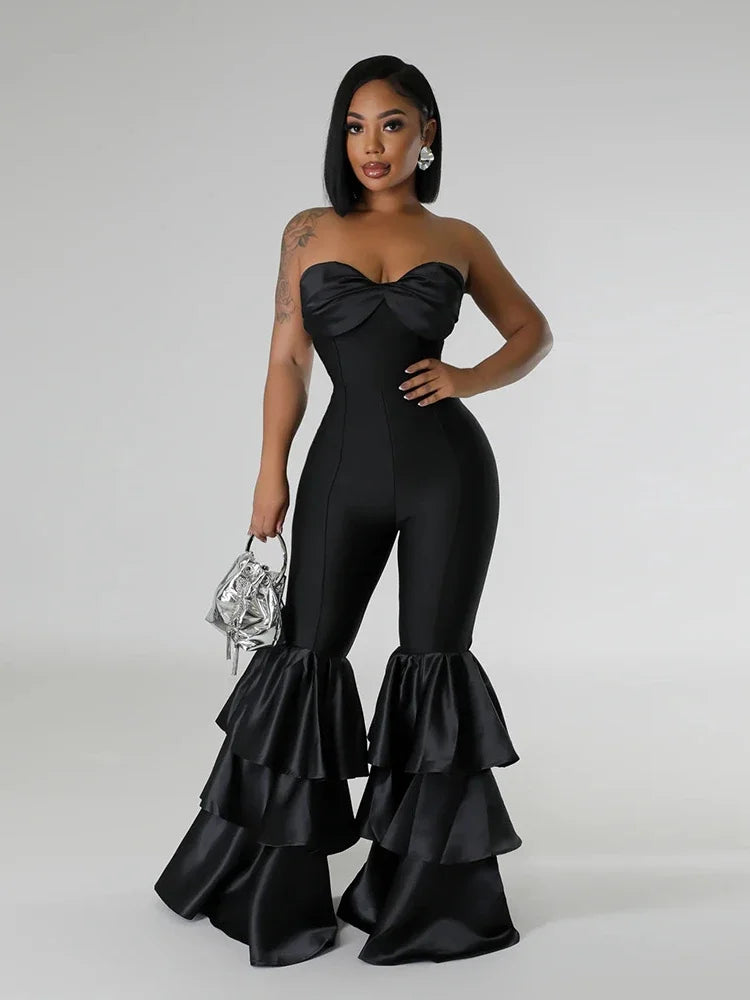 Jumpsuits Strapless Women Sleeveless Sexy Rompers One Piece Overalls Slim Fit Long Pant Ruffles Patchwork Elegant Lady - JN Fashion Fusion