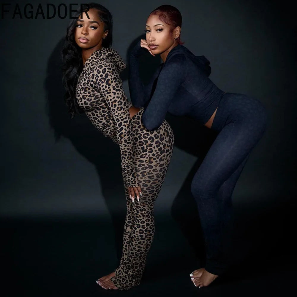 FAGADOER Fashion Leopard Print 2 Pieces Set for Woman Outfits Zip Long Sleeves Hooded Jacket+Leggings Matching Female Streetwear - JN Fashion Fusion