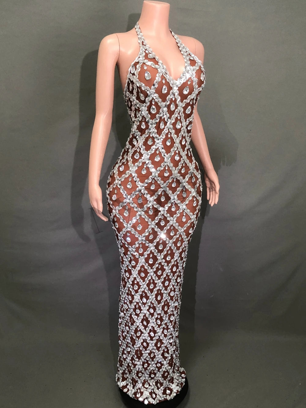 Sparkly Rhinestones Long Dress for Women Sexy V Neck Backless Mesh Transparent Celebrate Evening Wedding Prom Birthday Dress - JN Fashion Fusion