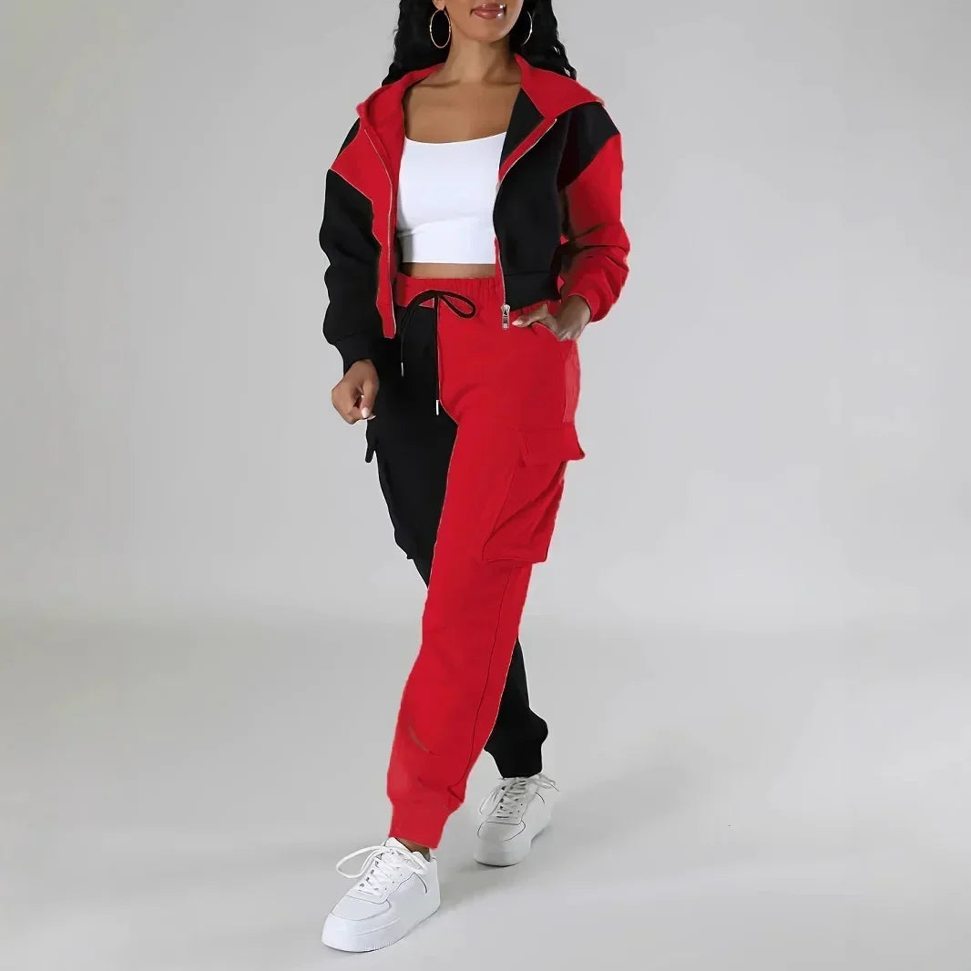 Women Loose Autumn Winter Two Pieces Suit Matching Sets Hoodie Tracksuit Blocked Zipper Short Outerwear Drawstring Cargo Pants - JN Fashion Fusion